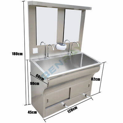 Stainless Steel Foot Pedal Faucet Wash Sink For 2 People With Mirror And LED Lamp