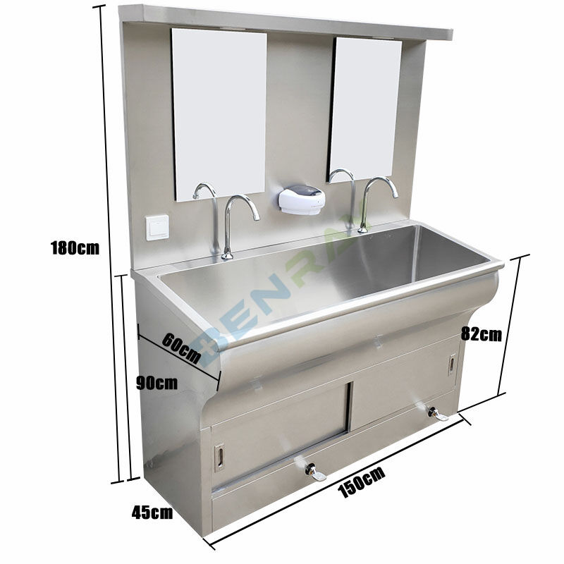 Stainless Steel foot pedal faucet Wash Sink for 2 people with mirror and LED lamp